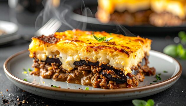 Layered baked casserole. Traditional greek moussaka piece featuring rich minced meat roasted eggplant and thick cheese sauce.