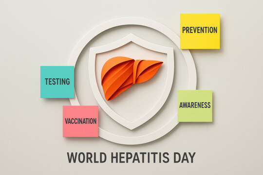 World Hepatitis Day concept with liver symbol inside health shield surrounded by colorful awareness tags on prevention, vaccination, testing