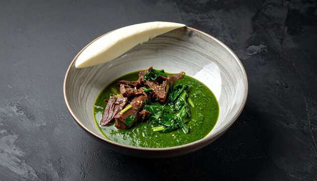 Green leafy stew with white dough. Traditional west african efo riro or kontomire stew served with meat chunks and soft pounded fufu dough.