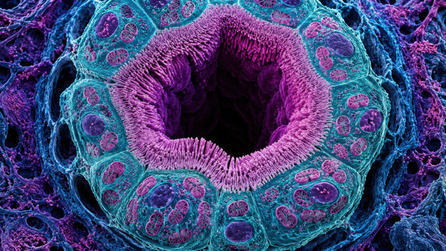 Colorful cross section of proximal convoluted tubule showing dense brush border, epithelial cell, and luminal surface under electron microscope scan