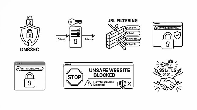Cyber Security and Web Protection Icon Set with DNSSEC SSL and URL Filtering Elements.