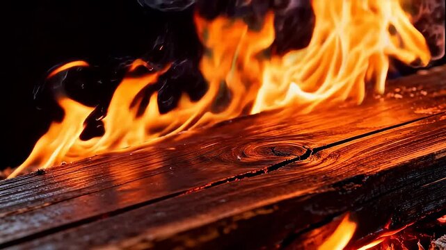 Wood burning with flames
