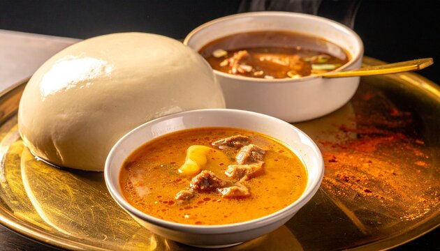 Savory meat broth. Steaming bowls of west african light soup with tender goat meat served alongside traditional fufu dough.