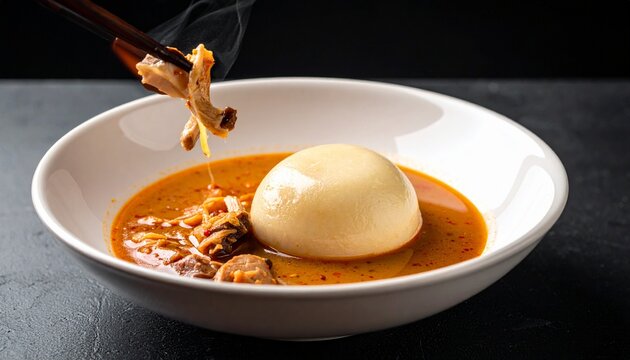 Starchy dough soup. Traditional west african fufu dumpling served in a savory light soup with tender meat and rich broth.