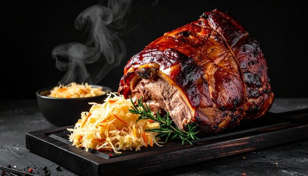 Roasted pork knuckle. Delicious german schweinshaxe with crispy skin crackling served with fermented sauerkraut side.