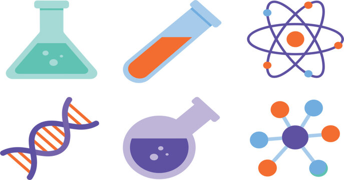 Science and chemistry laboratory equipment vector illustration set isolated on white background, cartoon flat icons of flasks dna atom and molecule symbols for school education.