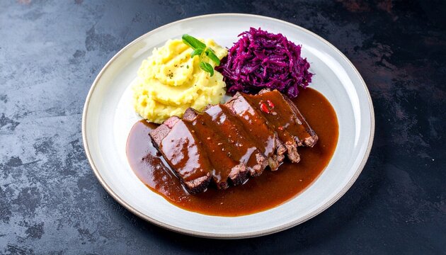 Beef roast with gravy. Classic sauerbraten dish featuring tender beef slices smothered in dark sauce alongside rotkohl and mash.
