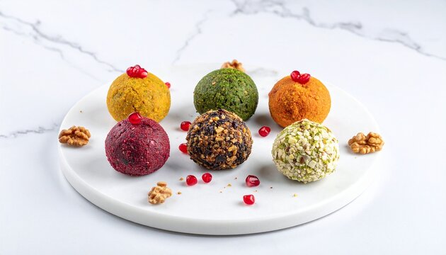 Assorted pkhali appetizers. Authentic georgian vegan walnut balls in vibrant colors topped with pomegranate on a plate.