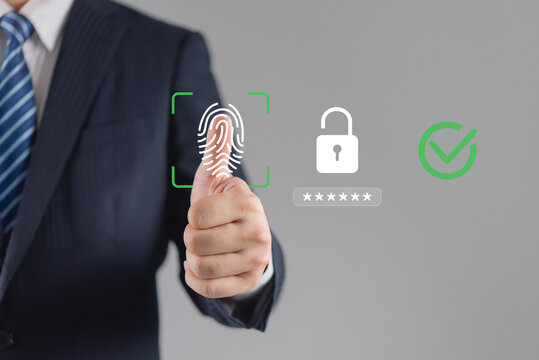 Businessman showing thumbs up with glowing fingerprint scan, unlocked padlock, and checkmark. Biometric security, digital identity verification, and safe data protection concept.