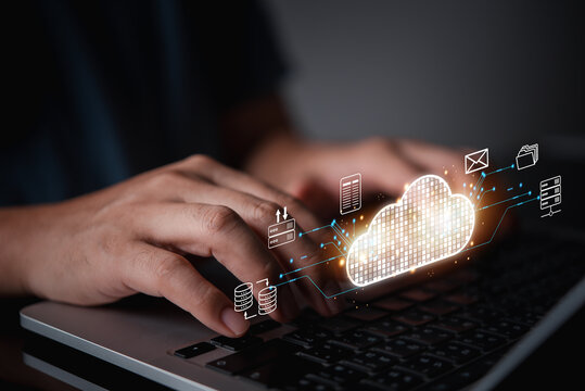 IT professional accessing cloud server database on laptop computer with glowing digital connection graphic for remote work data hosting and modern network security management system