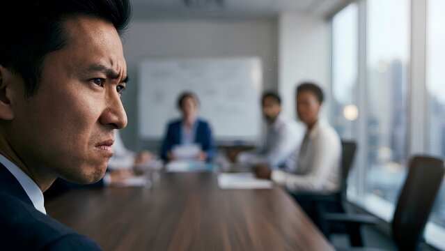 Close up point of view of business rivals debating at office table