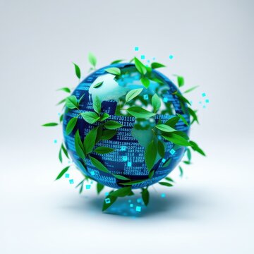 Globe surrounded by leaves, binary code visible. Represents digital ecology, sustainable technology, global network connections. Future concepts shown.