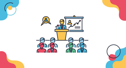 Fototapeta premium Business presentation illustration showing a speaker at a podium with an audience and data charts on a colorful abstract background.