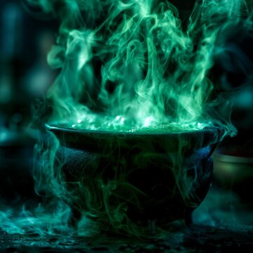 Mysterious Green Potion Bubbling in a Cauldron
