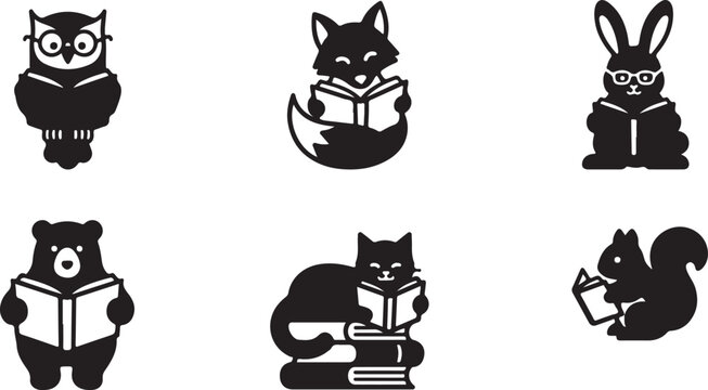 Cartoon animals reading books with glasses icon set Vector