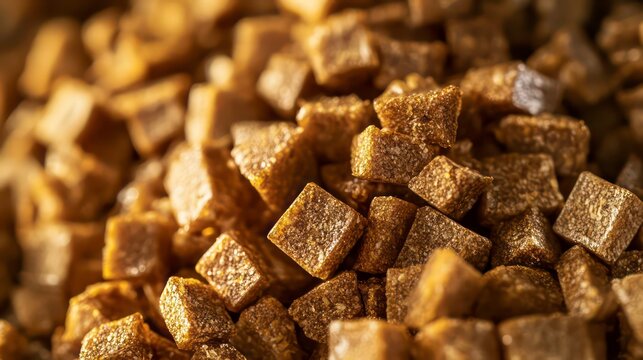 A close-up shot of golden kibble pieces piled artistically.