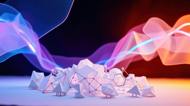 Abstract geometric shapes, glowing lines, vibrant colors. Network connections suggest data flow, innovation, future concepts. Minimalist style.
