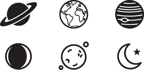 Black and white celestial icons set with planets and moon phases Vector © Runa