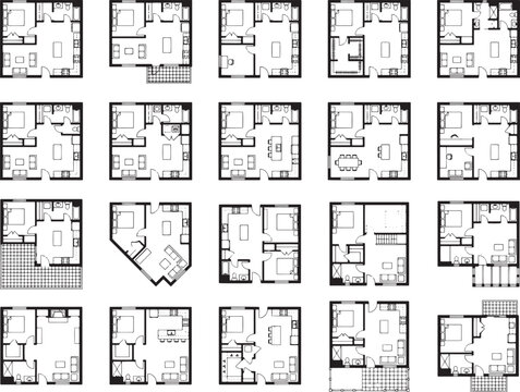 An architectural collage showcasing various floor plan designs for compact living spaces, offering inspiration for apartment layouts and home design.