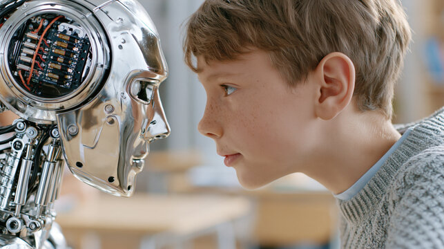 Child and Robot Face-to-Face in Warm Classroom Light, Curiosity and AI Meeting