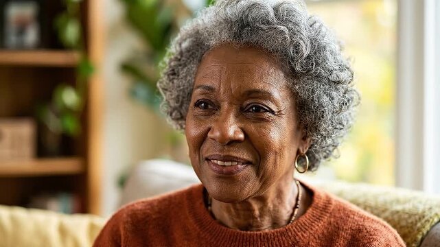 Senior woman with gray hair smiling indoors natural light home, emotional support and happiness for elderly, relaxed mood, healthy lifestyle, cozy environment, healthcare concept, casual clothing