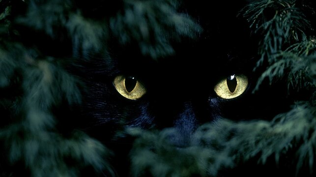 Mysterious Black Cat with Glowing Yellow Eyes in Darkness