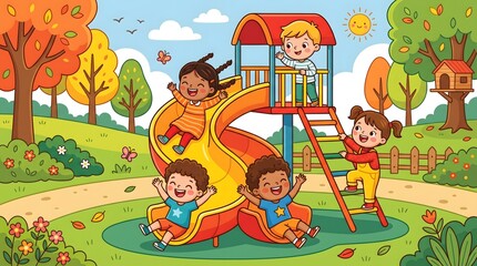 Naklejka premium Kids Having Fun on Playground Slide, Clean Line Cartoon Vector, Colorful Children's Illustration