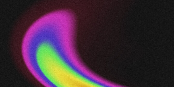 Dark black grainy textured background featuring a soft swirling curved fluid wave with seamless rainbow gradient: neon green, yellow, violet, magenta, purple. 