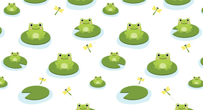 Charming pattern of green frogs sitting on lily pads with dragonflies flying around on a clean white water background.