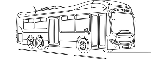 Black and white line art drawing of a city bus. © ronfact66