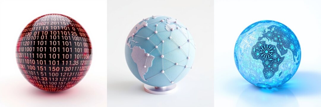 Three spherical globes represent data, networks, earth. Each globe exhibits distinct color schemes, textures, patterns. Visuals suggest connectivity, information, planet.