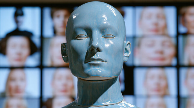 Blue-Grey Ceramic Robot Bust Before Mosaic of Webcam Portraits in Satire Photography