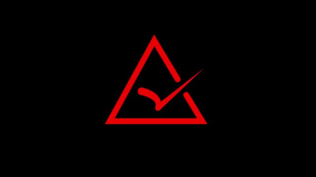 A minimalist abstract geometric design featuring a bold red outline of an incomplete triangle with a small red checkmark symbol subtly placed within its center against a stark, solid black
