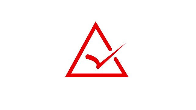 A minimalist abstract geometric composition featuring a vibrant red outline of an incomplete triangle with a small red checkmark symbol precisely centered within its interior space, presented on a