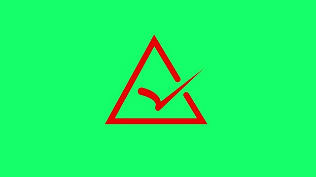 An abstract geometric graphic featuring a bright red outline of an incomplete triangle with a tiny red checkmark symbol positioned at its exact center, set against a vivid, solid lime green