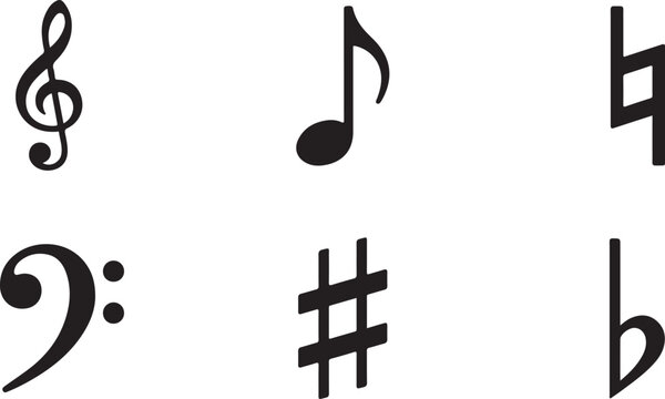 Set of six black musical symbols and clef signs flat sharp quarter note Vector