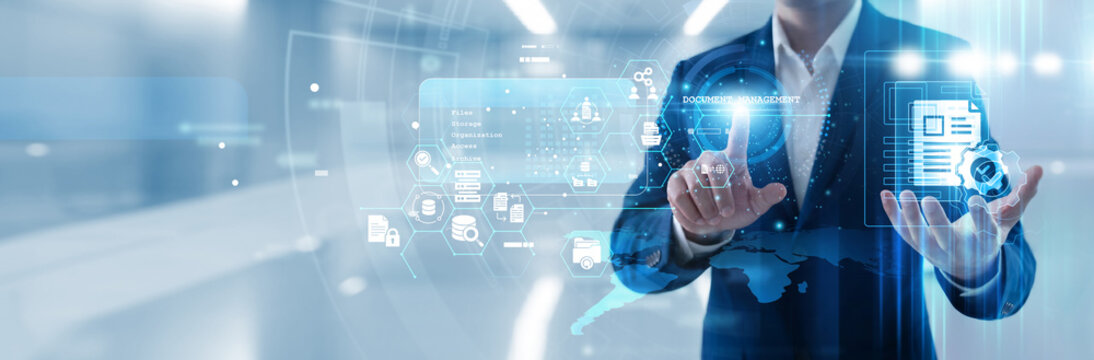 Administrator hand touching document management system on tablet to organize digital files, streamline archival workflows and ensure secure data retrieval for modern office environments.