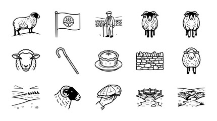 British Countryside Icons: Sheep, Farmer, Landscape, Traditional Food & Symbols © Xandal