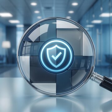 Digital Security Shield Icon Magnified, Cyber Protection Symbol Under Investigation, Data Privacy Assurance Concept, Network Safeguard Analysis, Secure Information Technology