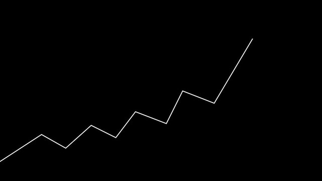 A stark white zigzag line graph ascending diagonally from the lower left to the upper right against a solid black background, illustrating a steady upward trend and progress Keywords: white, line