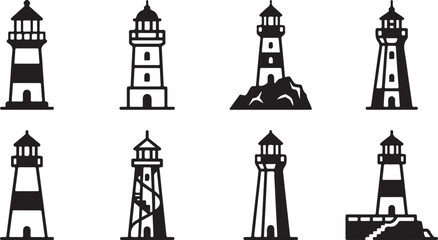 Fototapeta premium Set of eight stylish black and white lighthouse icons Vector