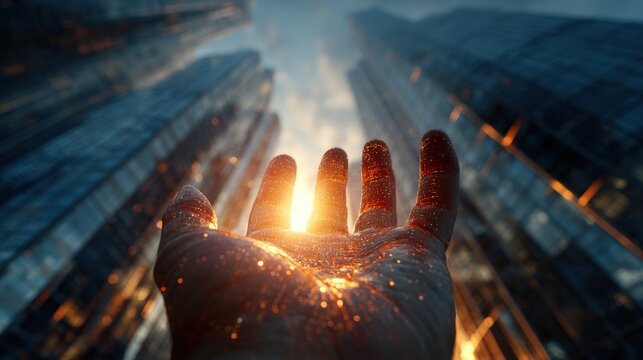 Human hand reaching towards city skyscrapers with glowing golden digital particles at sunset