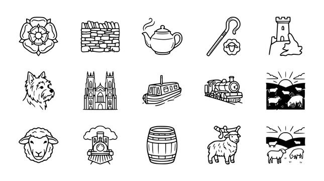 British Countryside Icons: Yorkshire Rose, Sheep, Castle, Train, Church, Canal Boat