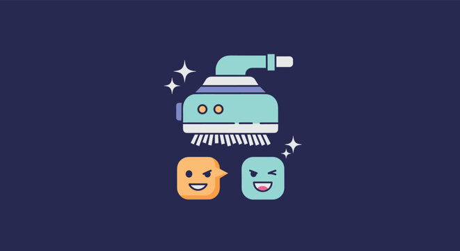 Creative cleaning concept illustration with a shower head spraying water on two smiling colorful cube characters.