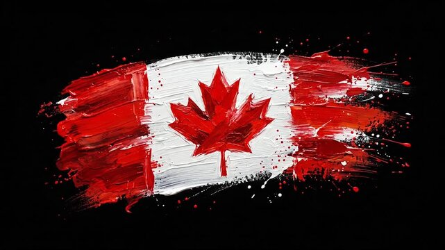 Canadian Flag Painted with Oil Paint Strokes on Black Background