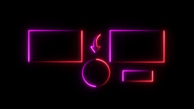 A dark background illuminated by vibrant neon glowing lines forming a You Tube end screen layout with two large rectangular frames for videos a smaller rectangular frame for a subscribe button and