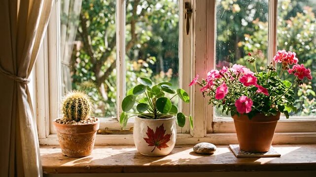 Potted Houseplants Arranged on a Sunny Wooden Windowsill in a Home