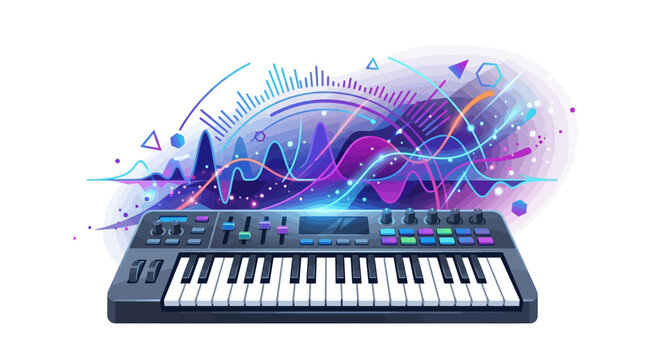 A modern MIDI controller keyboard is displayed with abstract sound waves and geometric shapes emanating from it, suggesting digital music creation