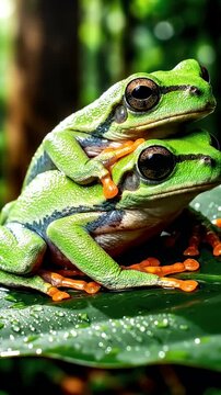Two green tree frogs sitting together on a tropical leaf.