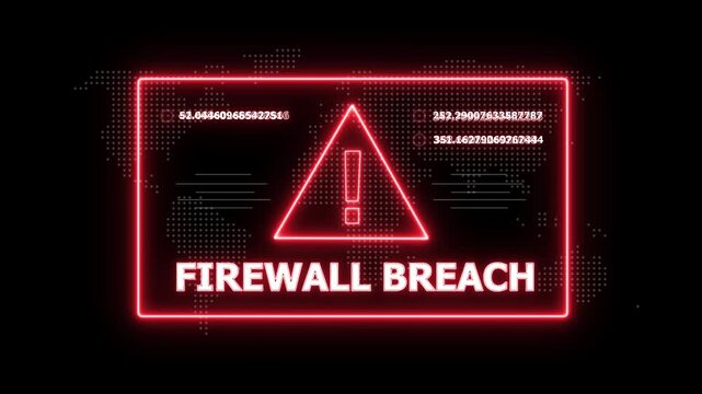 Digital interface featuring a red neon triangle and the text FIREWALBREACH within a glowing red rectangular frame on a dark background with a faint world map pattern